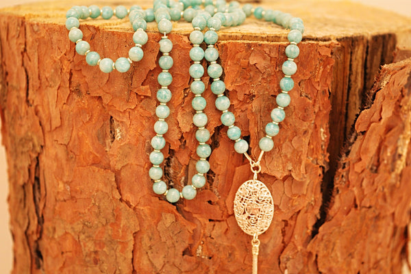 108 Mala Beads Necklace - Natural Agate, Turquoise & Amethyst With Tassel For Meditation & Yoga