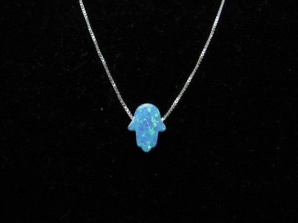 Opal Hamsa Necklace on fine Sterling Silver Chain, Turquoise Blue Dainty Hand Charm