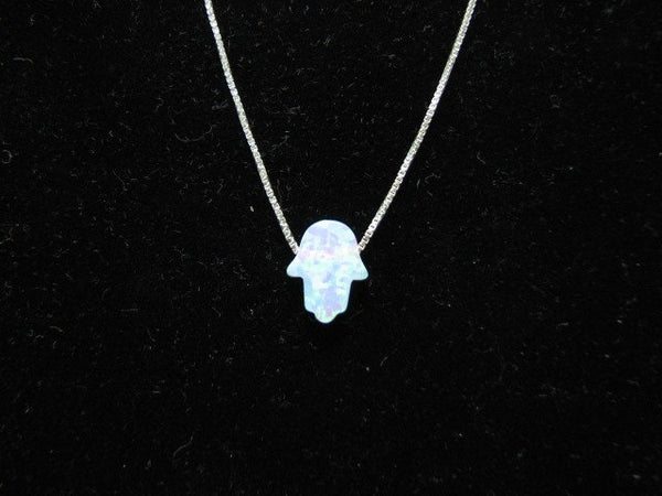 White Opal Hamsa Necklace on fine Sterling Silver Chain, Delicate Hand Charm