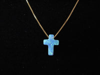 14K Gold Chain with Blue Opal Cross, Opal Charm Necklace