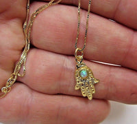 14K Gold Hamsa Necklace, Opal Hamsa Gold Charm on Dainty Gold Chain, Gold Hamsa Pendant with Opal, Luck Necklace, Opal Hamsa Necklace