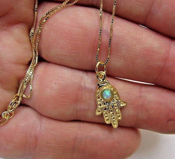 Gold Hamsa Necklace, 14K Goldfilled Hamsa Charm with Opal Bead on Goldfill Chain, Gold fill Hamsa Pendant with Opal, Lucky Necklace