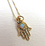 14K Gold Hamsa Necklace, Opal Hamsa Gold Charm on Dainty Gold Chain, Gold Hamsa Pendant with Opal, Luck Necklace, Opal Hamsa Necklace