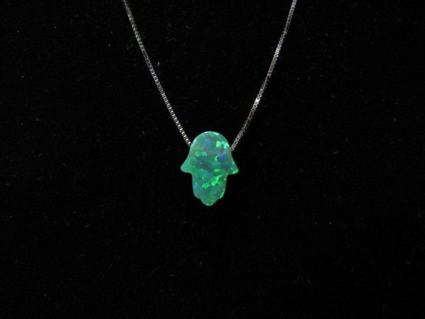 Green Opal Hamsa Hand Necklace, 925  Sterling Silver Chain