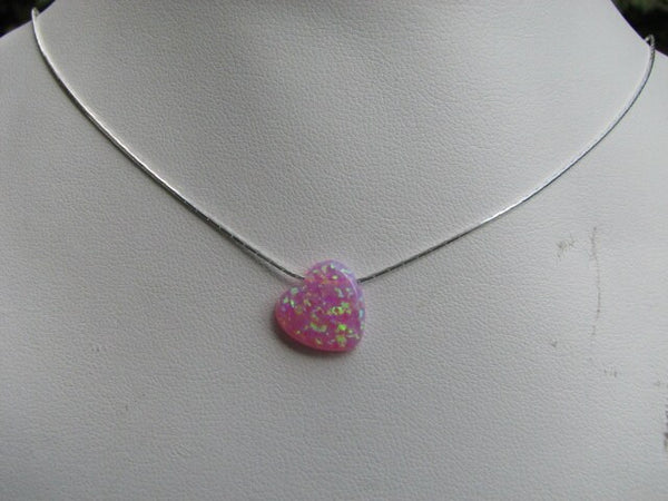 Sideways Pink Opal Heart Necklace Sterling Silver Chain