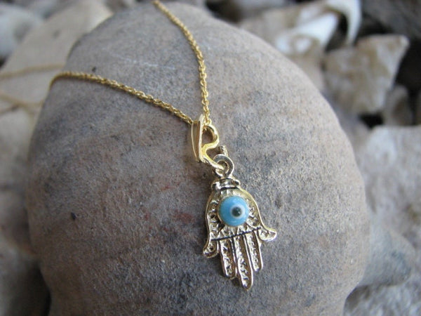 14K solid Gold Hamsa with Evil Eye Necklace, Original Hand Charm and Chain