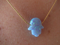 Gold Opal Hamsa Necklace, Hamsa Hand Charm on 14K Gold fill chain, Turquoise Blue Opal Hamsa, Gold Necklace