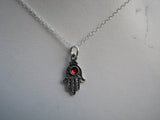 Hamsa Pendant and Chain Sterling Silver with Fire Red Crystal