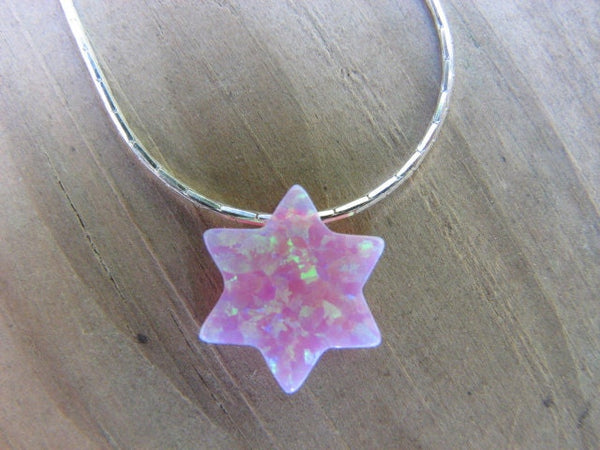 Pink Opal Star of David Pendant on Sterling Silver Chain Necklace Sideways