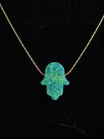 Green Opal Hamsa Hand Pendant Necklace on Gold fill chain