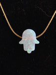 Pink Opal Hamsa Hand Necklace on 14Kt Gold fill chain