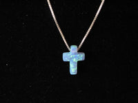 Blue Opal Cross Necklace on fine Sterling Silver Chain, Pretty Dainty Charm
