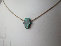 14kt Gold Emerald Green Opal Hamsa Pendant Necklace on a fine gold box chain