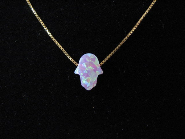 Pretty Pink Opal Hamsa Hand Necklace14kt Gold Chain