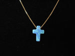 14K Gold Chain with Blue Opal Cross, Opal Charm Necklace