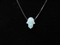 Authentic White Opal Hamsa Hand Charm Necklace with 14K White Gold Chain