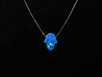 Ocean Blue Gold Opal Hamsa Necklace with 14K White Gold Chain, Dark Blue Opal Hamsa Necklace, Hamsa Charm Necklace
