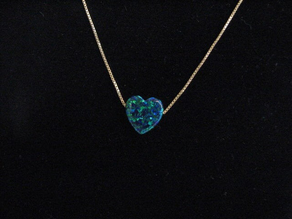 Deep Ocean Blue Opal Heart Charm Pendant on 14K Gold Chain Necklace