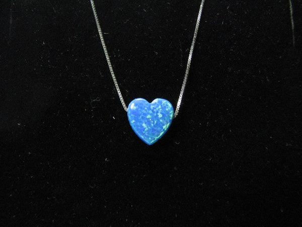 Romantic Blue Opal Heart Charm Pendant Necklace on 14K White Gold Chain