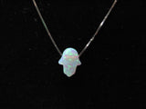 Authentic White Opal Hamsa Hand Charm Necklace with 14K White Gold Chain