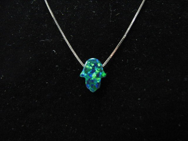 Emerald Green Opal Hamsa Hand Pendant Necklace with 14K White Gold Chain