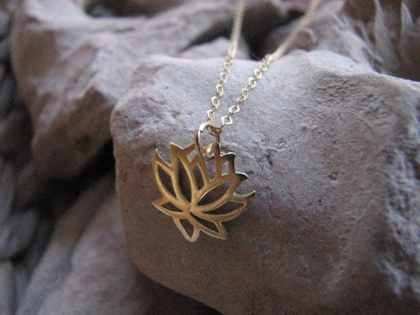Gold Lotus Necklace on Gold filled chain, Authentic Yoga Charm Pendant, Yoga Jewelry, Gold Cable Chain Necklace