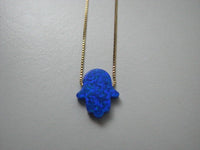 Deep Ocean Blue Opal Hamsa Necklace with 14K Yellow Gold Chain, Original Hand Charm Pendant