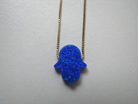 Deep Ocean Blue Opal Hamsa Necklace with 14K Yellow Gold Chain, Original Hand Charm Pendant